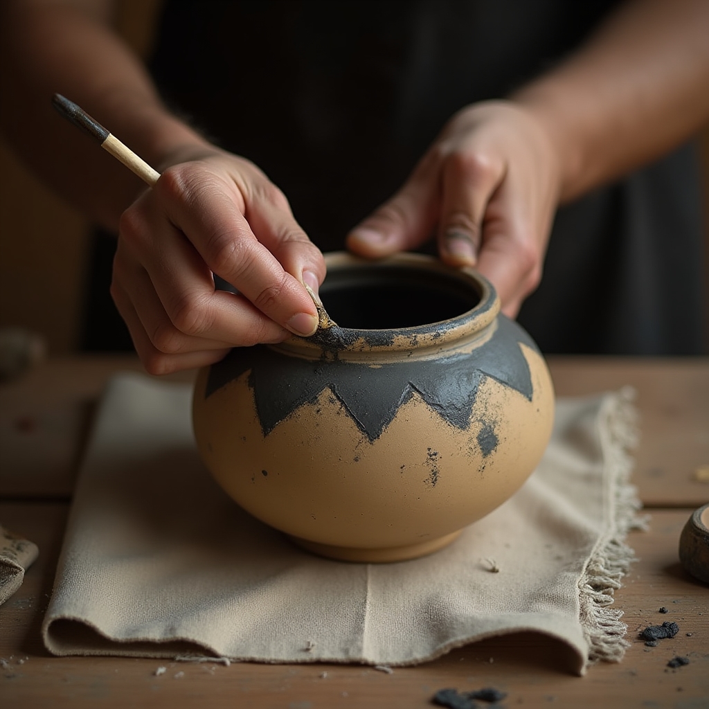 Detalle de pintura aplicada sobre pieza de cerámica con técnica tradicional