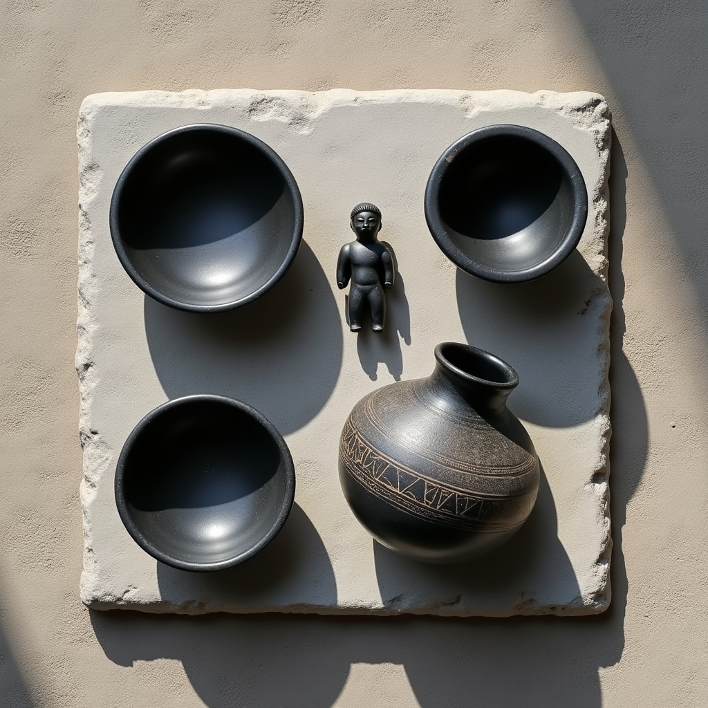 Piezas de cerámica con estilo San Pedro de Atacama exhibidas sobre superficie de piedra
