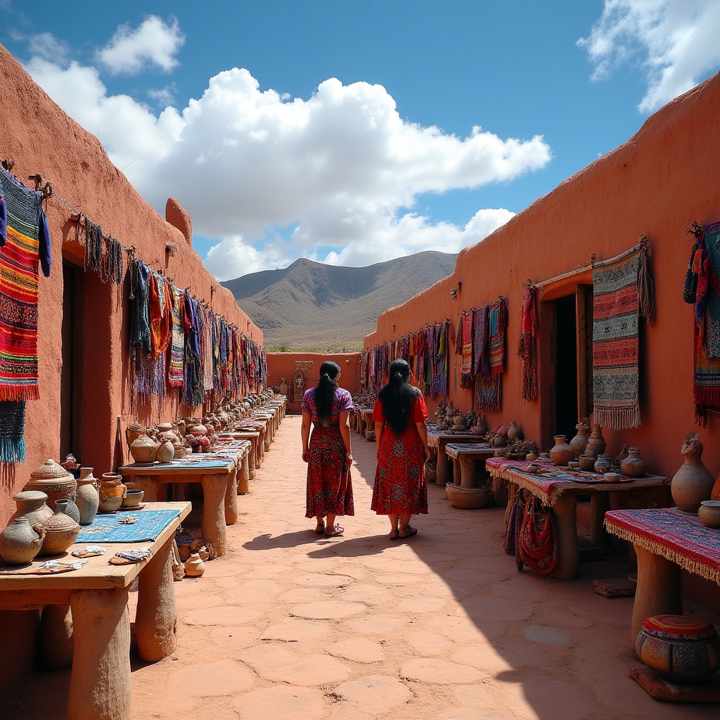 Artesanías del noroeste argentino incluyendo tejidos y cerámica sobre fondo de paisaje andino